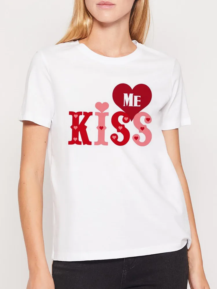 

Women's Sweet Kiss Love Printed Short Sleeve Popular Valentine's Day Print Woman Tshirts Ladies Casual O-Collar Tee Shirt