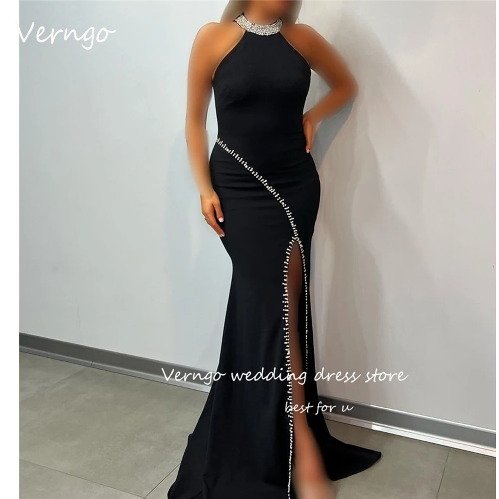 

Verngo Sexy High Neck Shiny Beads Mermaid Evening Dresses Split Crystal Prom Gowns Dubai Arabic Women Formal Party Dress