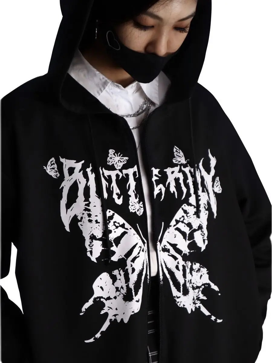 

Autumn Winter Korean Version Ins Butterfly Print Y2k Zip Up Hoodie Fashion Street Trend Vintage Casual Zipper Sweatshirt Woman