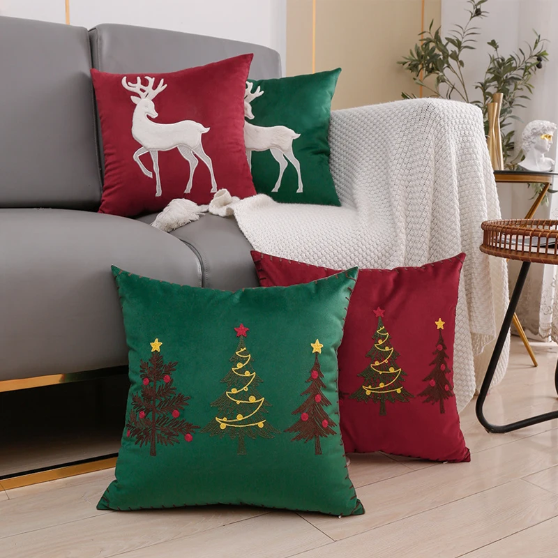 Christmas Decoration Cushion Cover 45x45cm Soft Velvet Christmas Tree Deer  Embroidery Pillow Case Red Green Square Pillow Cover - AliExpress