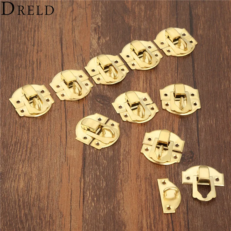 DRELD 10pcs Gold Box Latches Hasps Lock Catch Latches Furniture Fittings Jewelry Chest Box Suitcase Buckle Clip Clasp 27*29mm