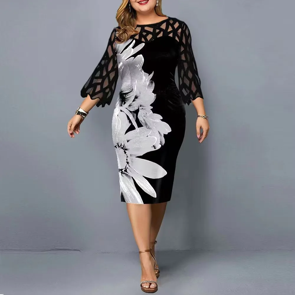 Plus Size Dress for Women Elegant Midi Dress 2023 Autumn Winter Fashion Slim Evening Party Dresses Black