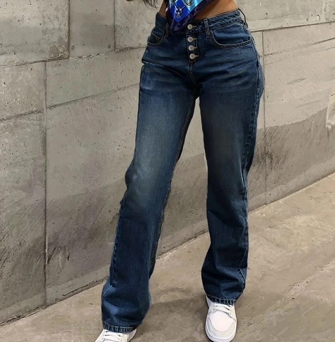 Женские джинсы, новинка 2024, модные повседневные универсальные простые стройнящие женские джинсы, прямые брюки с карманами и пуговицами, дизайнерские длинные брюки