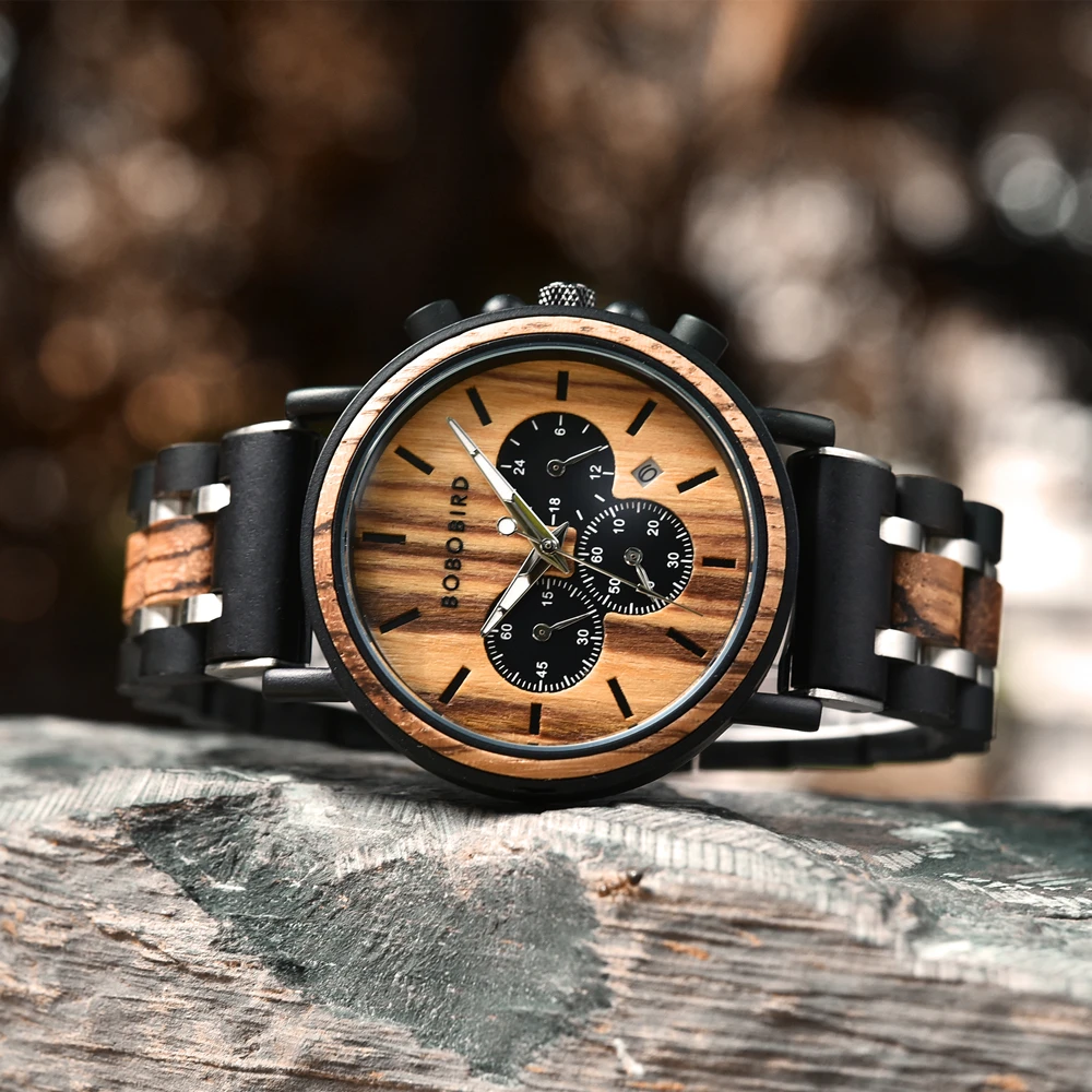 BOBO BIRD Mens Watches, Wooden Analog Quartz Watch Chronograph Quartz Wristwatch