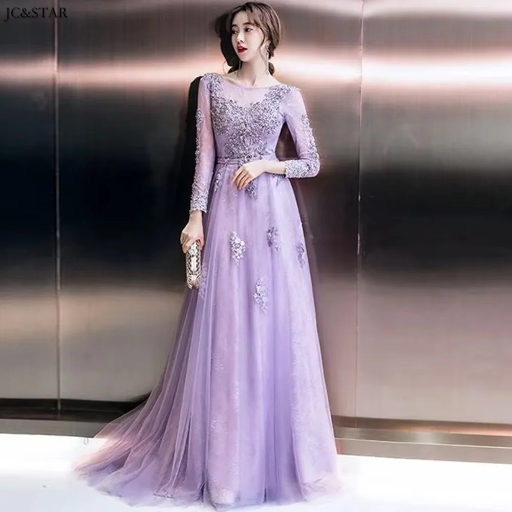 Lilac lace long sleeved wedding guest dresses long A line sexy and elegant abiti da damigela Prom dress high quality