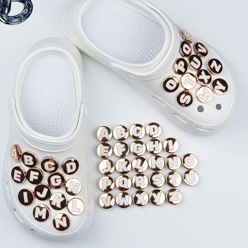 

Metal 26 English Letters Shoe Charms Golden Alphabet JIBZ Original Shoe Accessories Decoration Fit Clogs Sandal Gifts New