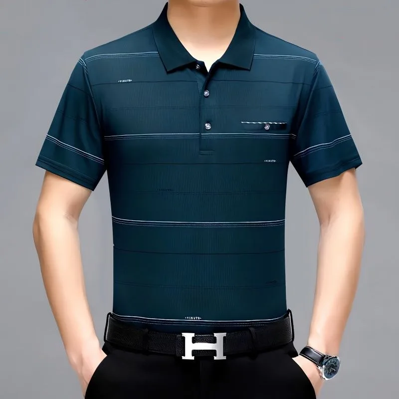 

European Clothes for Men Short Sleeve Shirts Blouses Lapel Stripe Polo Summer Thin Pocket Letter Printed Fashion Casual Tops