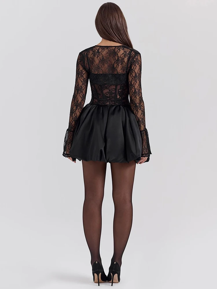 Mozision Black Lace Puffball Sexy Mini Dress For Women Fashion Lace-up Sheer Long Flare Sleeve High Waist Club Party Dress 3