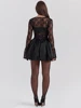 Mozision Black Lace Puffball Sexy Mini Dress For Women Fashion Lace-up Sheer Long Flare Sleeve High Waist Club Party Dress 3