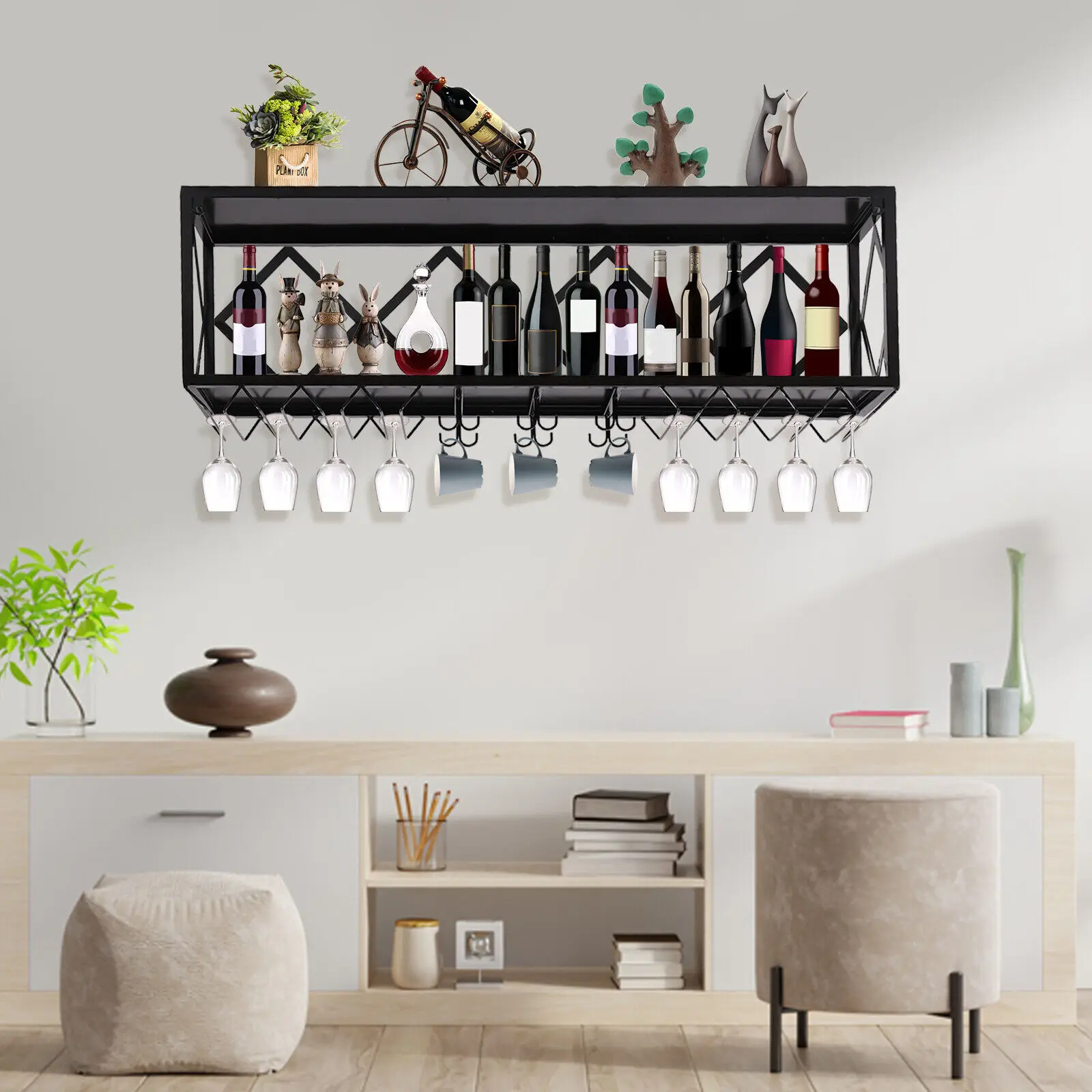 

Bar Floating Shelves Unit Wall-Mounted Wine Racks Inverted Wine Glass Rack