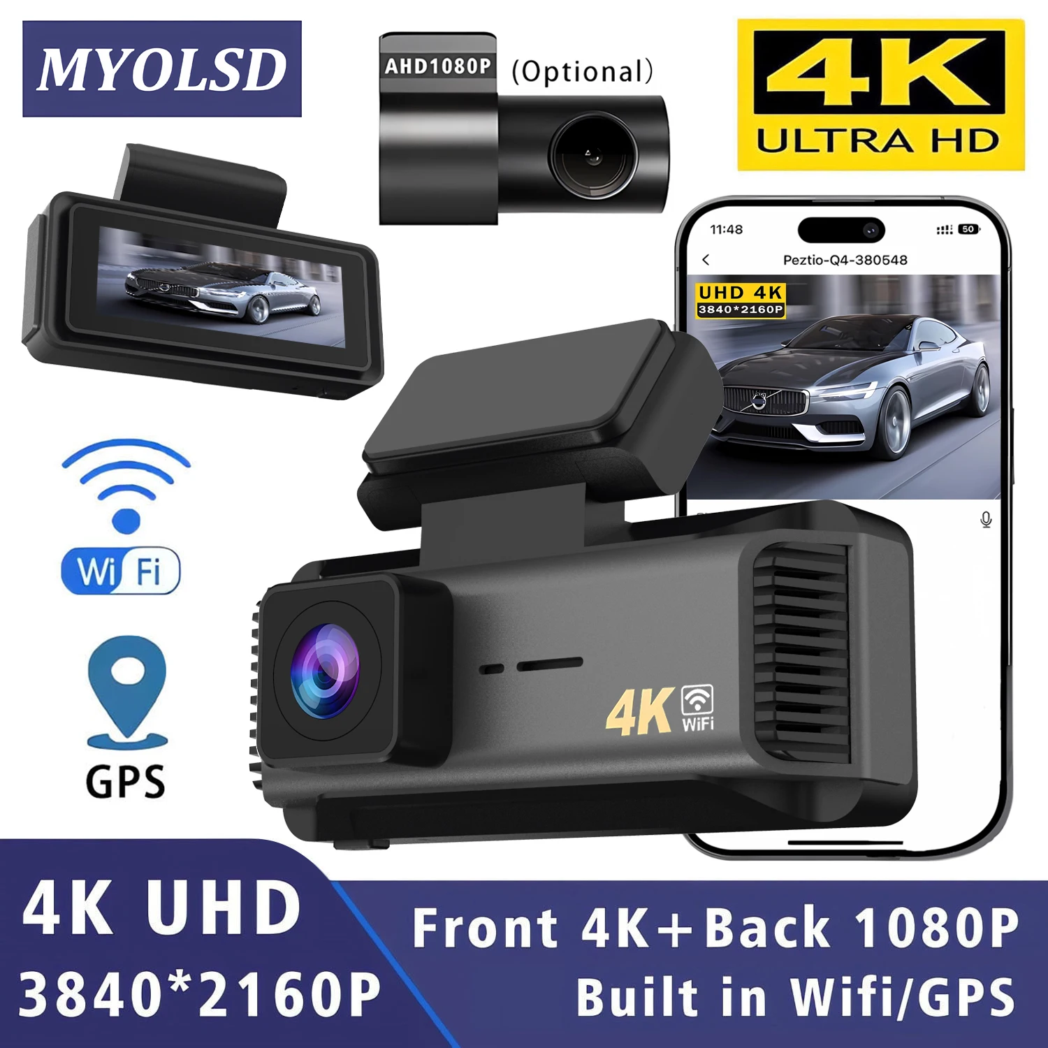 4K 3840*2160P 차량용 블랙박스 WIFI GPS 미니 듀얼 렌즈 카메라 전후방 녹화기 야간 시야 기능 탑재