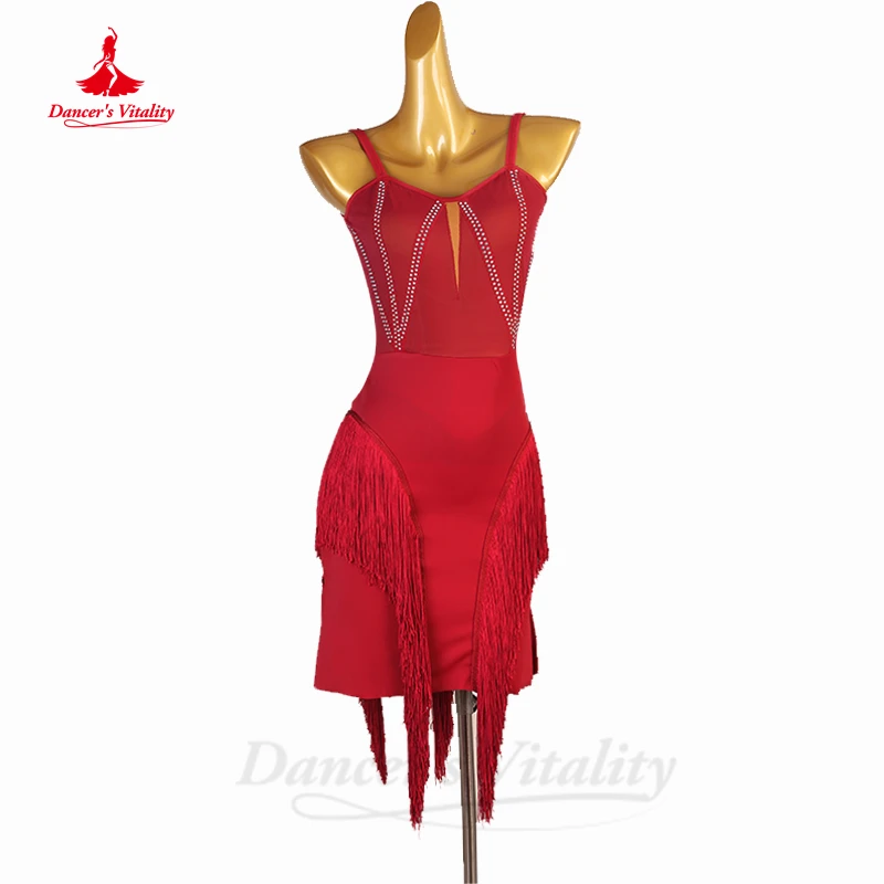 

Latin Dance Performance Fringe Dress Customsized for Women Child Tango Rumba Chacha Competition Costumes Latin Black Pool Skirts