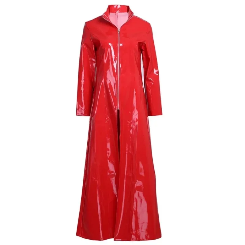 Red Sexy Fashion Stand Collar PVC Leather Dress Women Fashion Streetwear Long Sleeve Party Dresses Woman Dress Female Robe