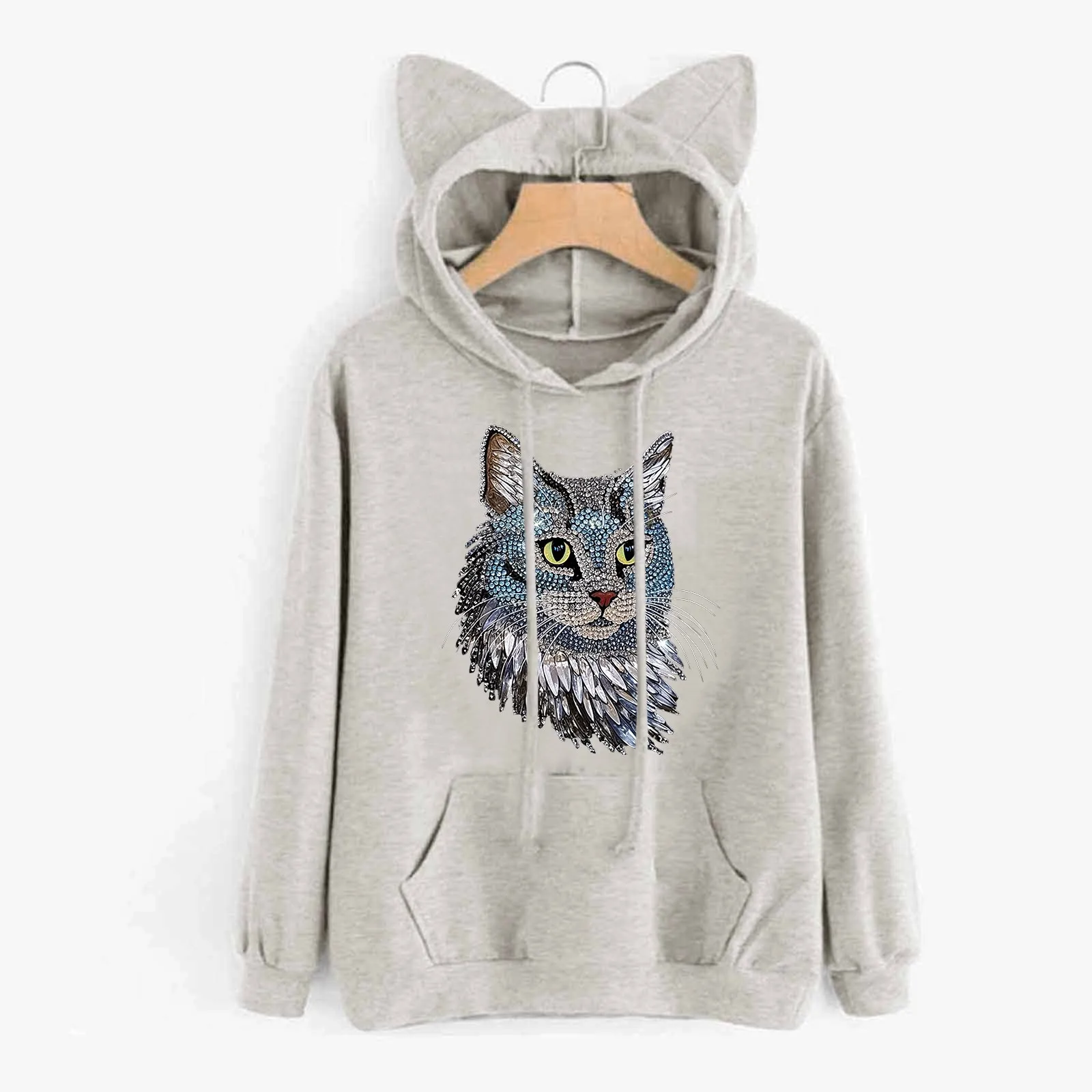 

Sweater Hoodies Women Cat Ear Pullover Hoodies Sweatshirts Autumn Winter Cat Printed Long Sleeve Streetwear Pocket Oversized