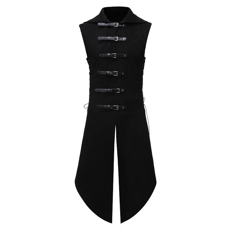 Men's Vest Black Gothic Vest Steampunk Cosplay Vest Vintage Leather Button Hem Split Long Vests Halloween Gilet 2022