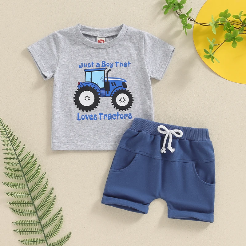 FOCUSNORM 0-4Y Toddler Little Boys Summer Clothes Sets 2pcs Tractor Letter Print Short Sleeve Tops Elastic Waist Shorts