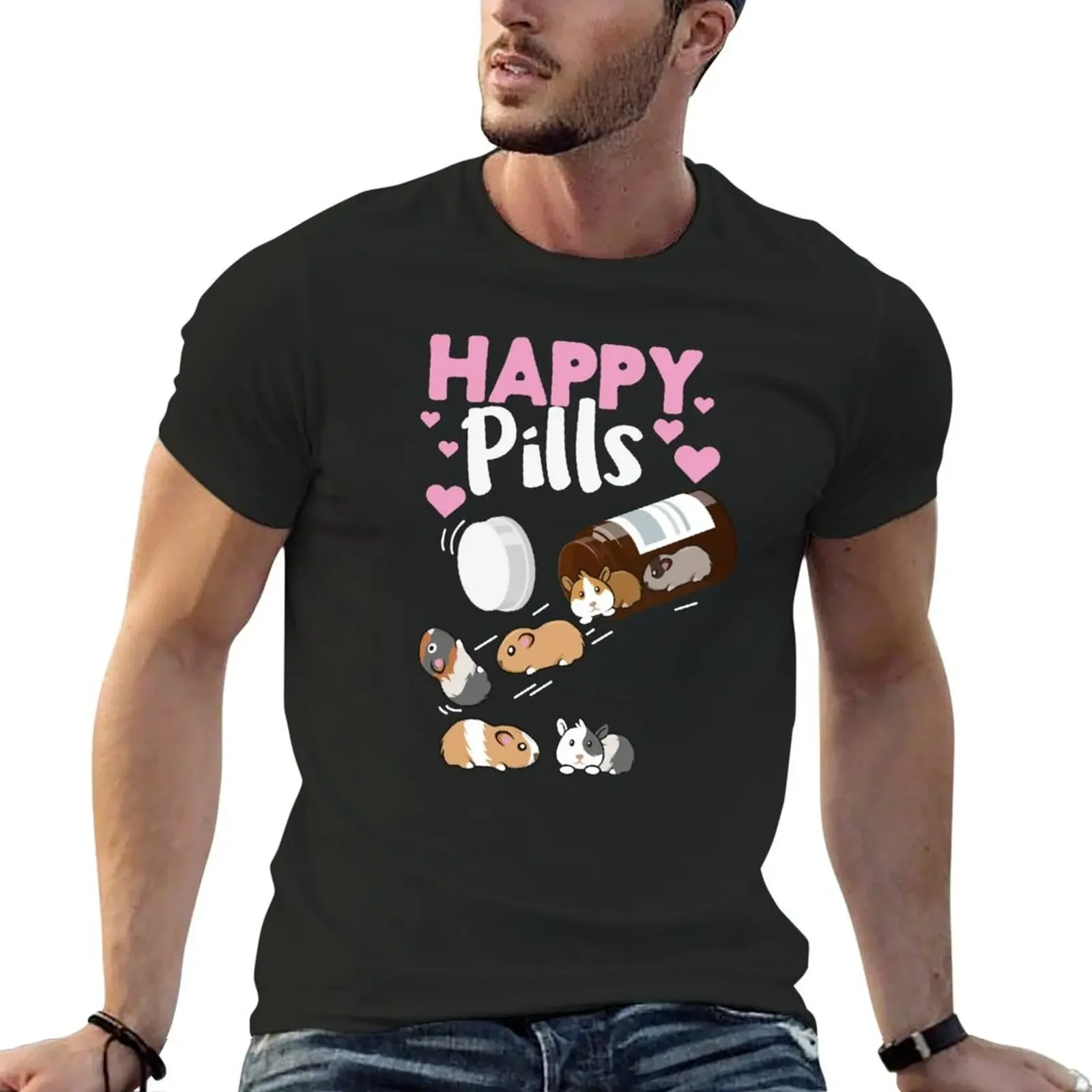 Happy Pill Guinea Pig Tee, Cavia Graphic T-Shirt Hippie Clothes Cute Clothes Manica Corta Tee Men