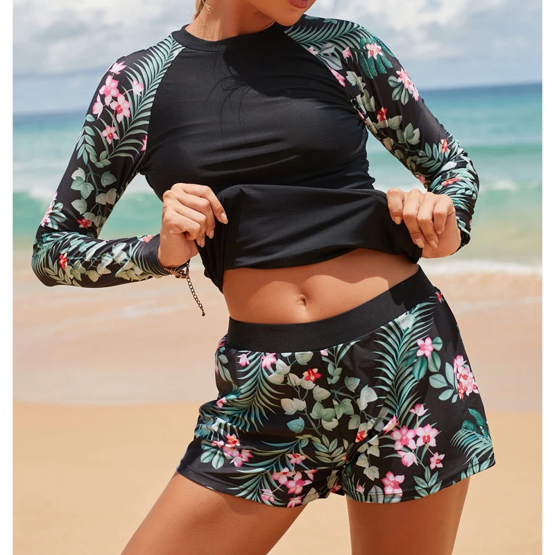 Summer Long Sleeve Two Pieces Surfing Swimsuit Women Tankini Floral Swimwear Female Rash Guard Beachwear Bathing Suit Shorts Set