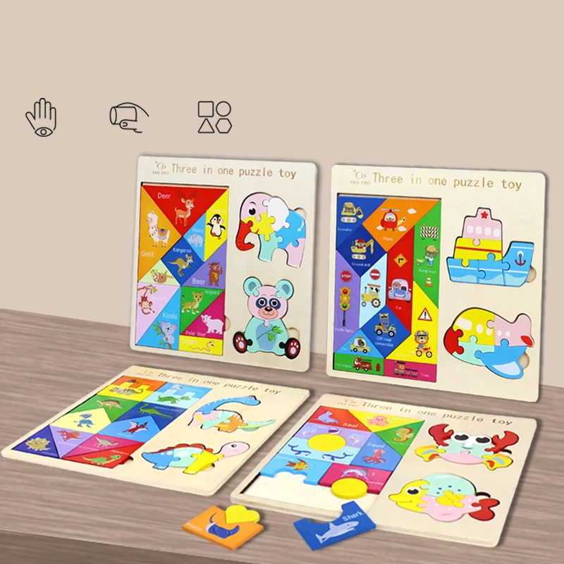 3 in 1 Wooden Tangram Jigsaw Puzzle Toy Educational Creative Geometric ...