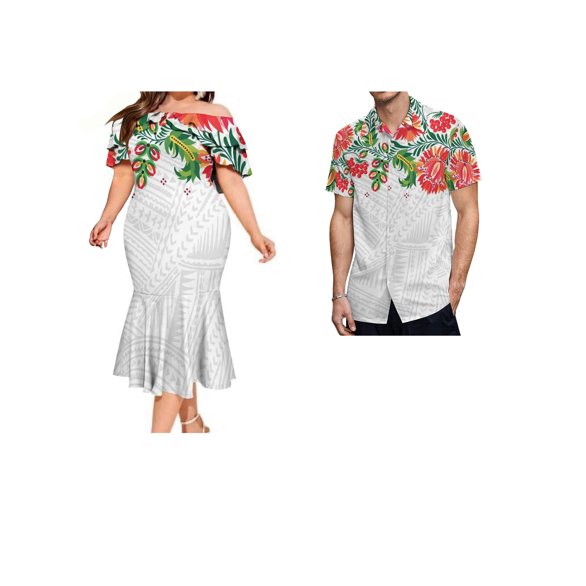

Custom Tapa Print Close Fitting Off Shoulder Dresses Polynesian Tribal Double Layered Ruffle Fishtail Dress Match Mens Shirts