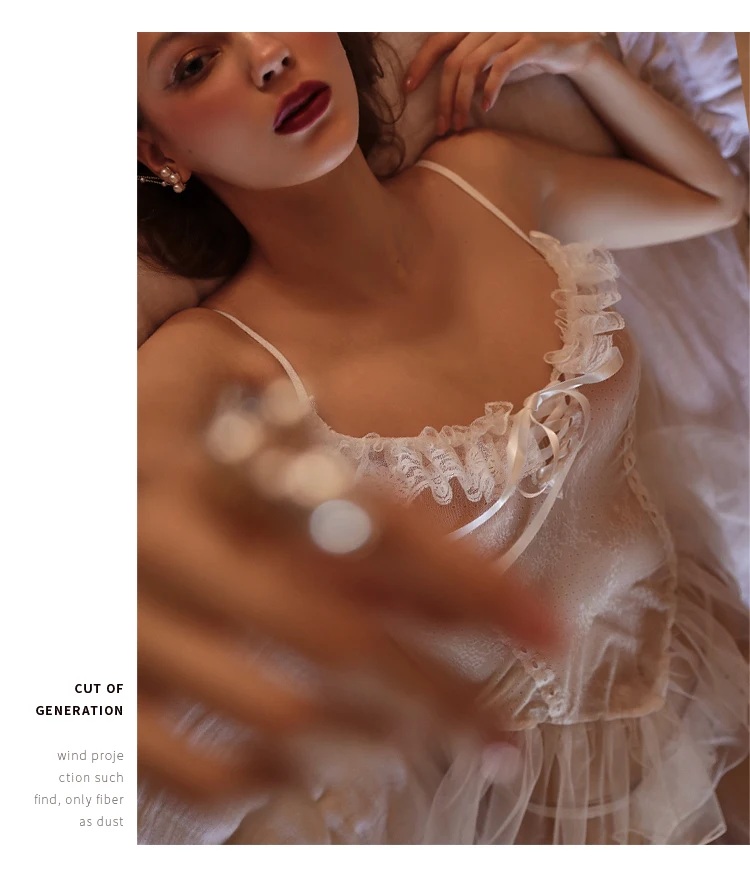 Robe de nuit féerique en maille et dentelle, tenue de nuit, transparente, Sexy, avec bretelles, de couleur noire