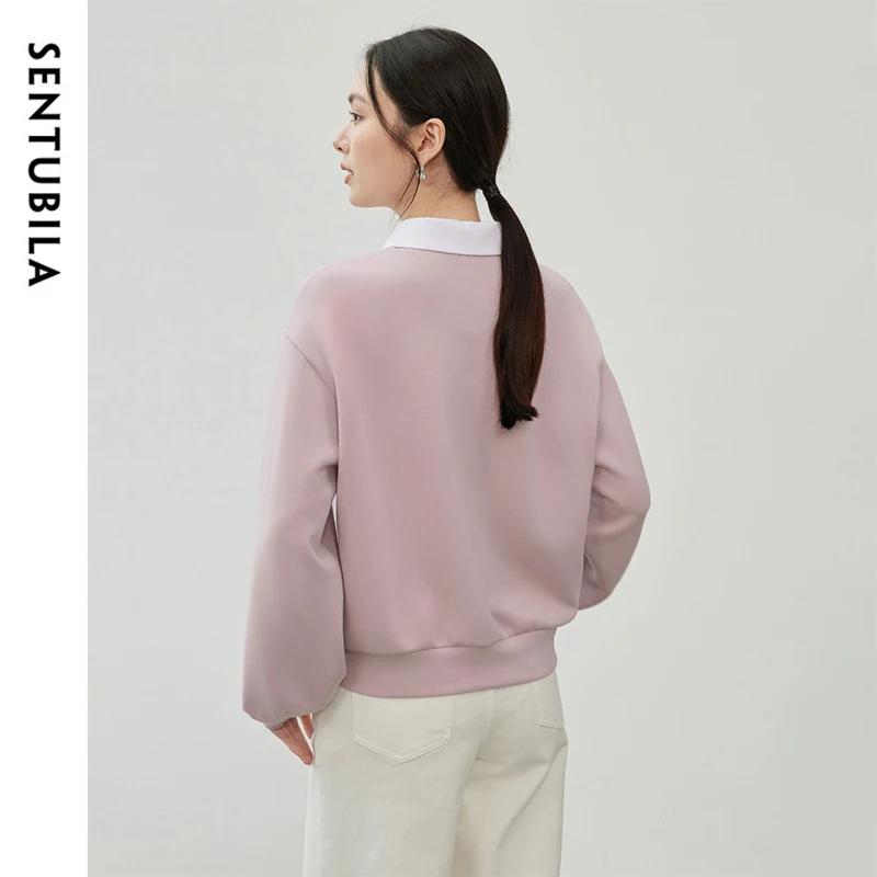 SENTUBILA Patchwork Spliced Sweatshirt for Women 2024 Winter Cotton Casual 2 in 1 Pullover Embroidery POLO Neck Tops 143A56445 2