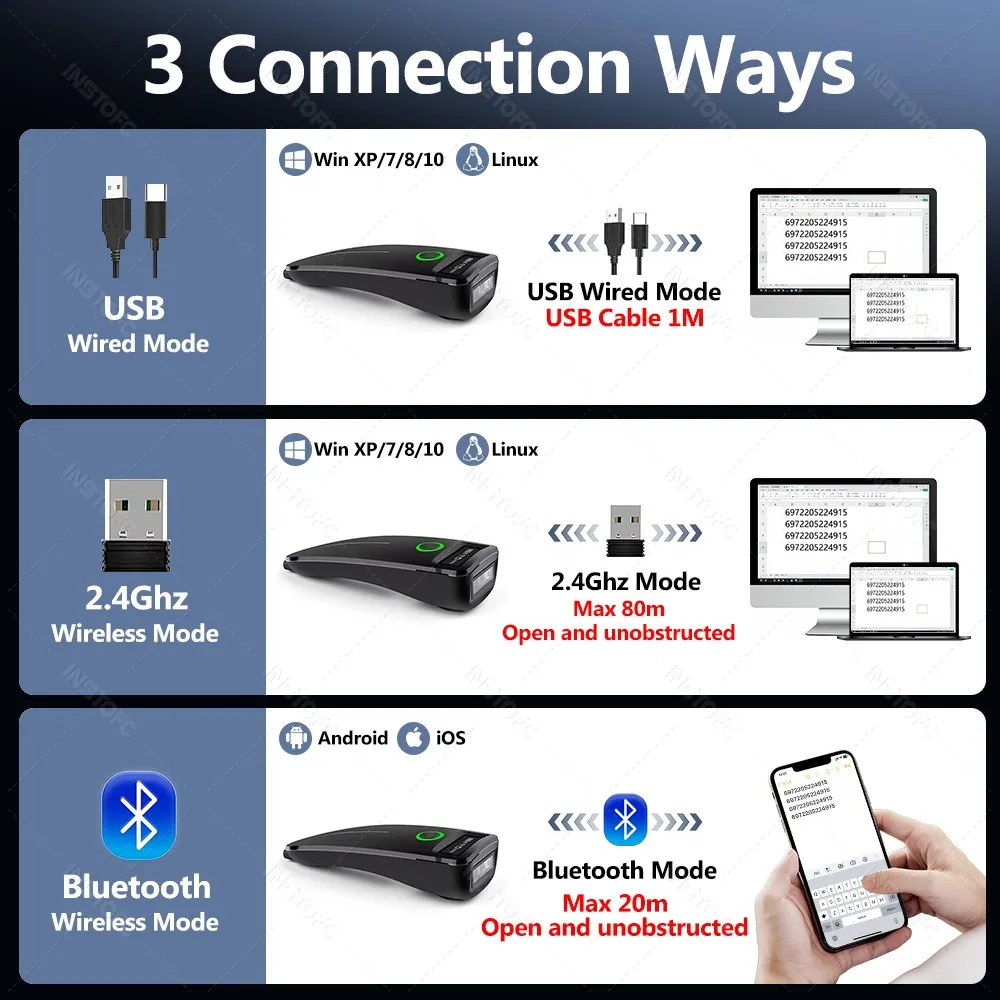 Barcode Scanner Wireless 1D 2D QR Code Scanner USB Bluetooth Mini Portable QR Reader IOS Android Windows for Mobile Payment