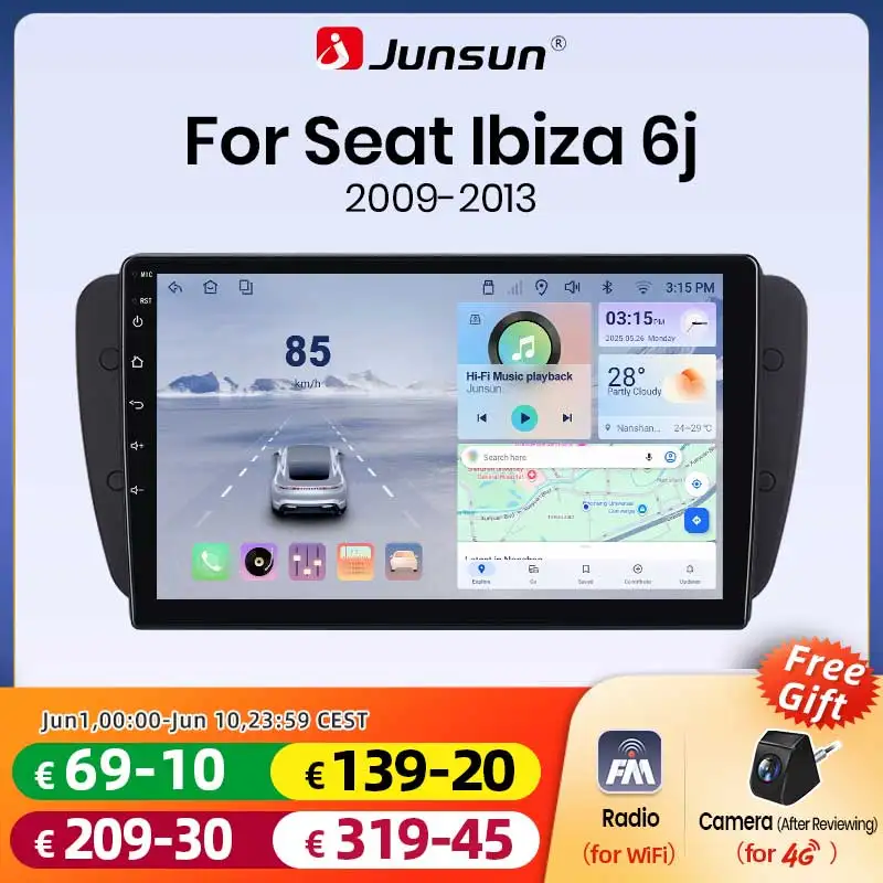 Radio para Auto Junsun con Android 15 para SEAT Ibiza 6J 2009-2013, CarPlay Inalámbrico, Android Auto, GPS, 4G, WiFi, DSP, FM, Reproductor Multimedia, Navegación, Unidad Principal 1