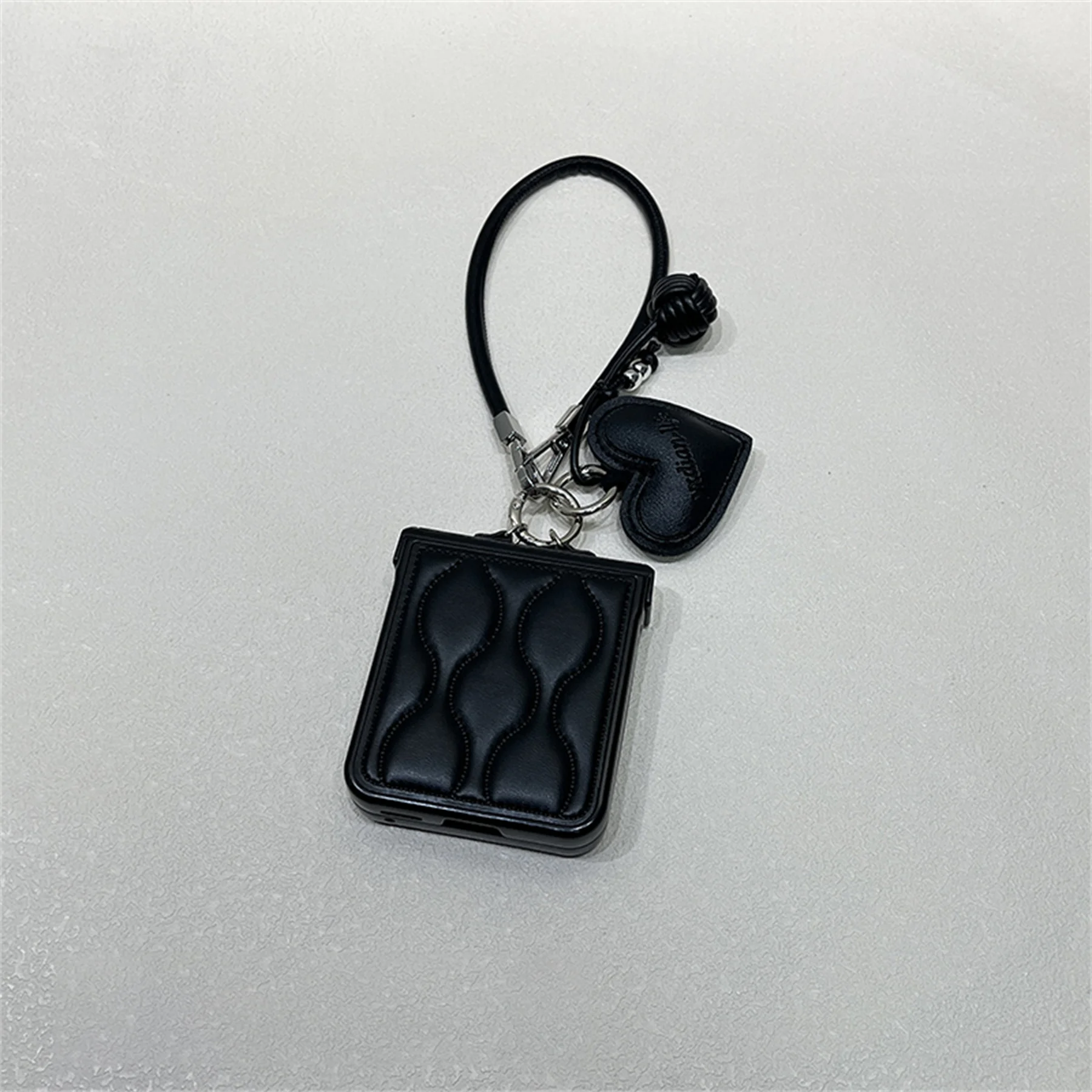 Luxury Wave Black Phone Case with Love Pendant Leather Strap