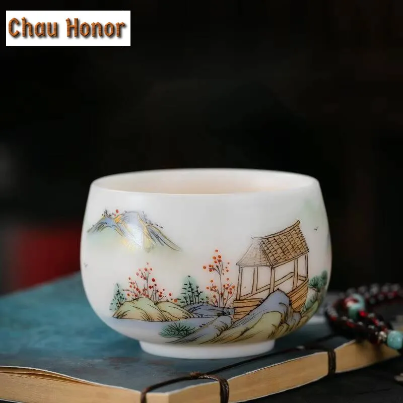 160ml High-end Ice White Jade Porcelain Teacup Hand-painted Landscape Master Cup Personal Jianzhan Anti Scalding Kung Fu Teaware