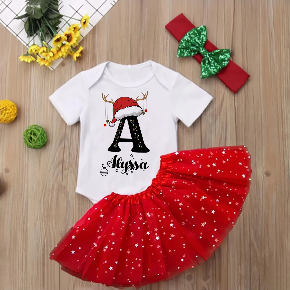 thumbnail image 1 of Conjunto de mono y vestido navideño personalizado para niña con letras y nombre, vestidos de tutú rojo y mono de niña, 1 of 5