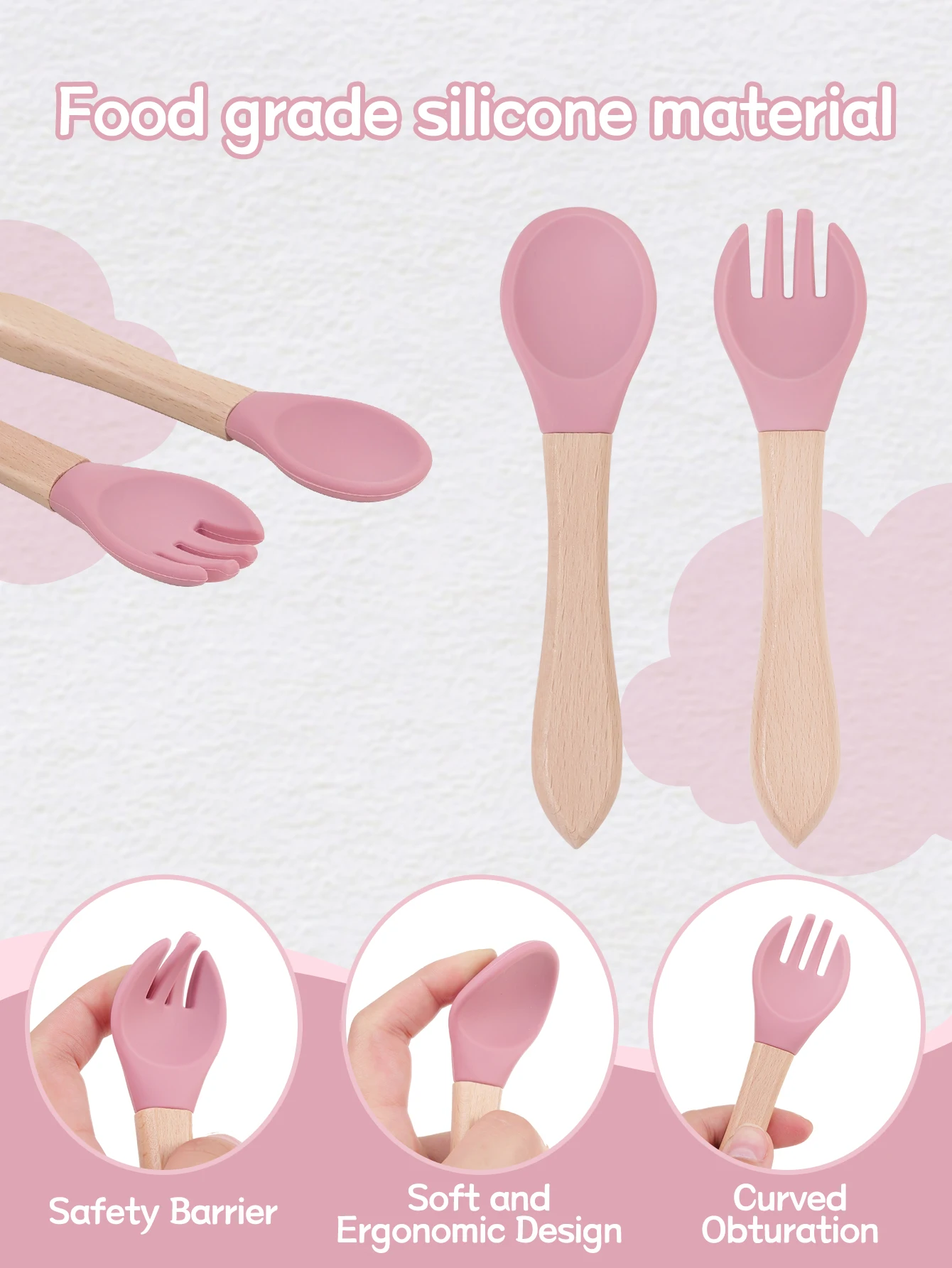 2pcs/set Tableware Baby Spoon Fork Set Children's Silicone Wooden Feeding Training Baby Dinnerware Cutlery Baby Feeding Supplies 3