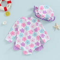 Summer Toddler Baby Girl Rash Guard Swimsuits Infant Floral Beachwear Zipper Swimwear + Sun Hat Set Kids Bathing Suits Biquini 3