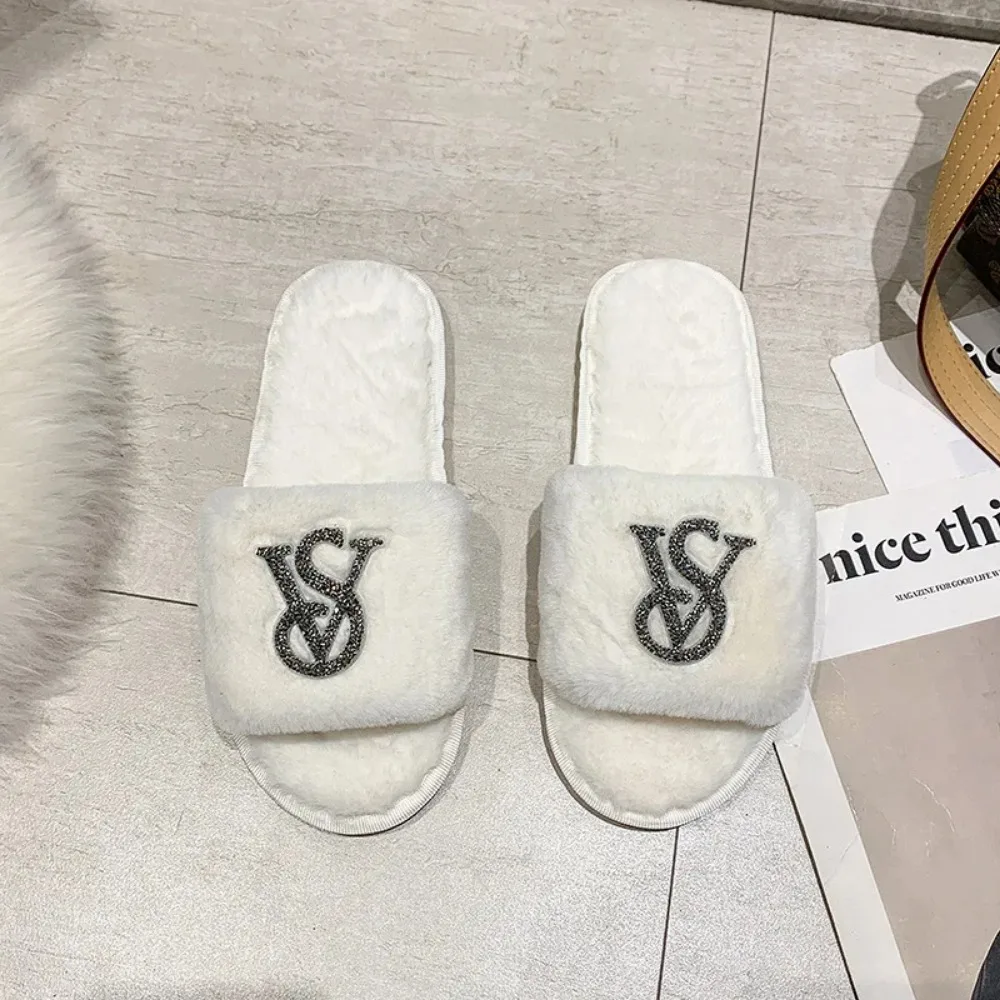 Female Home Cotton Slippers Women Autumn Winter Hairy Warm Footwear Fashion Letter Rhinestones Sandals Woman Casual Flat Shoes 3