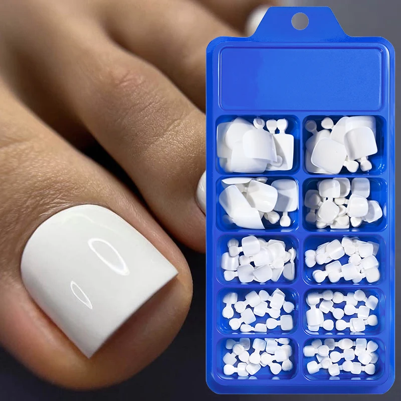 

100Pcs White Short Square Flase Toenails Summer Press On Toes Full Cover Tips Pure Color Acrylic Artificial Wearable Toenails*8K