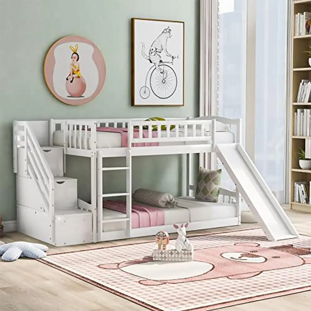 Description Picture 2 of itemTwin Bunk Bed Slide Guardrail Stairway Drawers Space-Saving Bedroom Dormitory Solid Wood MDF Country Style Kids Bed 300LBS