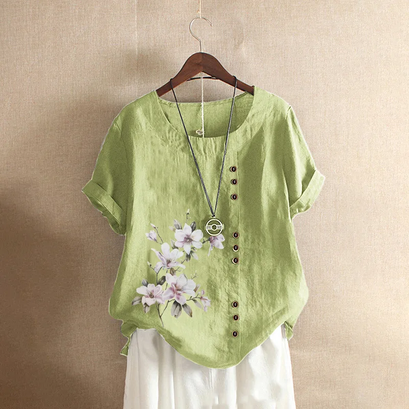 Cotton Linen Floral Short Sleeve Blouse for Women