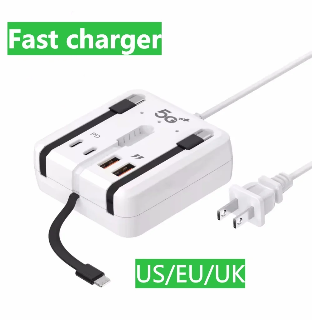 High-Speed 4-Port USB-C PD Charging Station with Integrated Power Strip and Cables