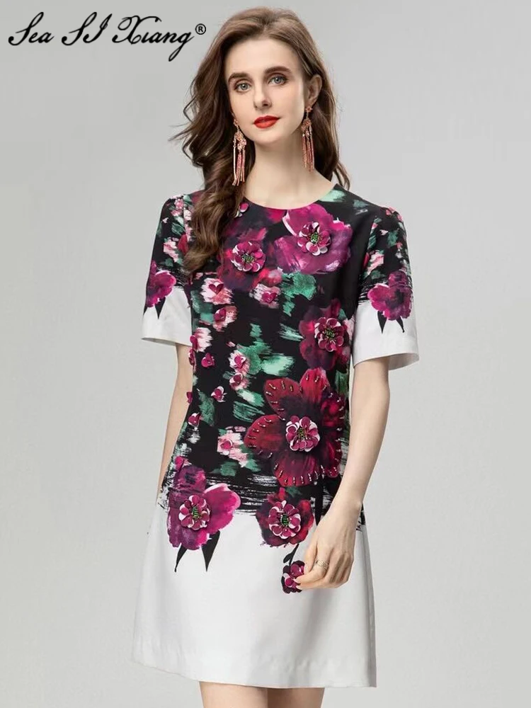 

Seasixiang Fashion Designer Summer Flower Print Dress Women's O-Neck Short Sleeve Beading Appliques Vintage Mini Dresses