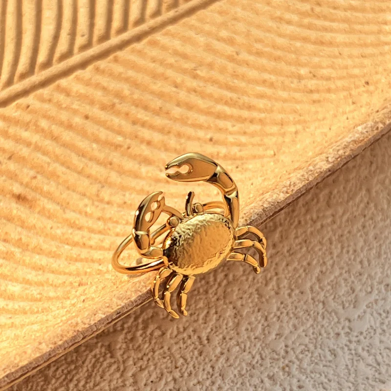Creative Cute Little Crab Ring for Women Girls 18K Gold Plated Stainless Steel Opening Rings Adjustable Summer Ocean Jewelry New