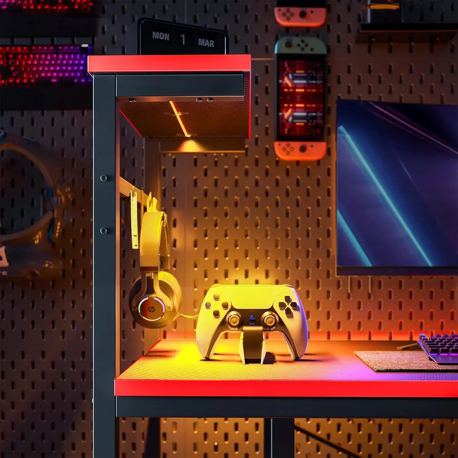 Gaming Desk with LED Lights, 44 Inch PC Gamer Desk for Small Spaces, Computer Desk with Reversible Storage Shelves 5