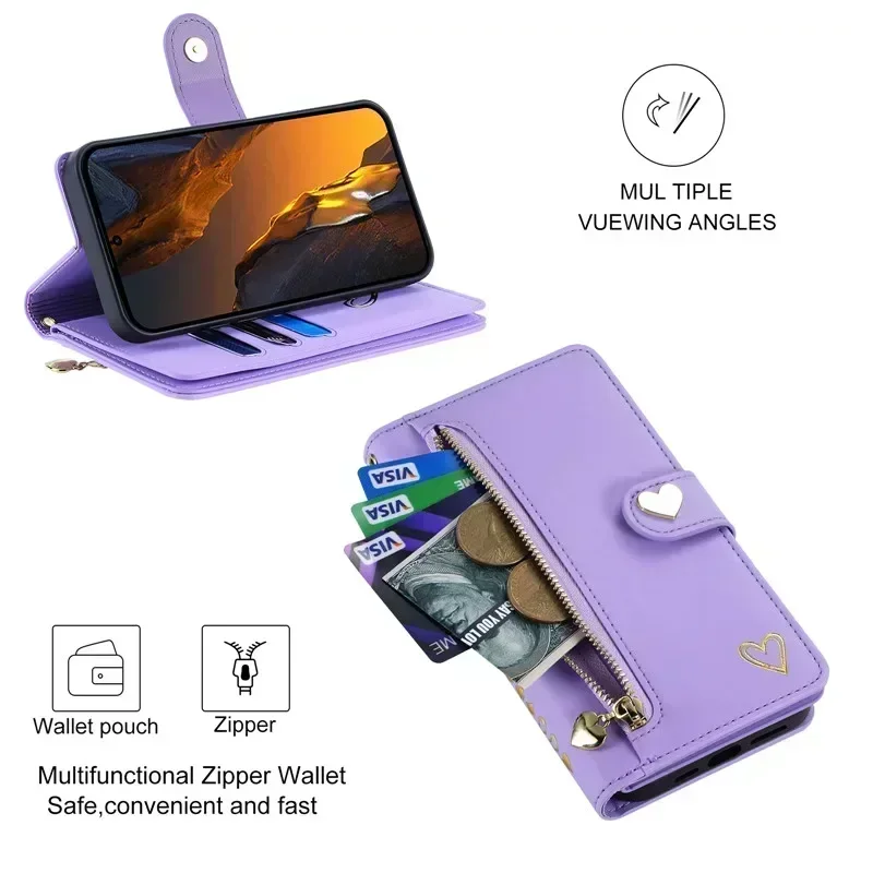 Flip Zipper Wallet Case for Samsung Galaxy Note 20 Ultra Note 10 Plus 9 8 Luxury Multi 9-Card Leather Wrist Strap Phone Cover