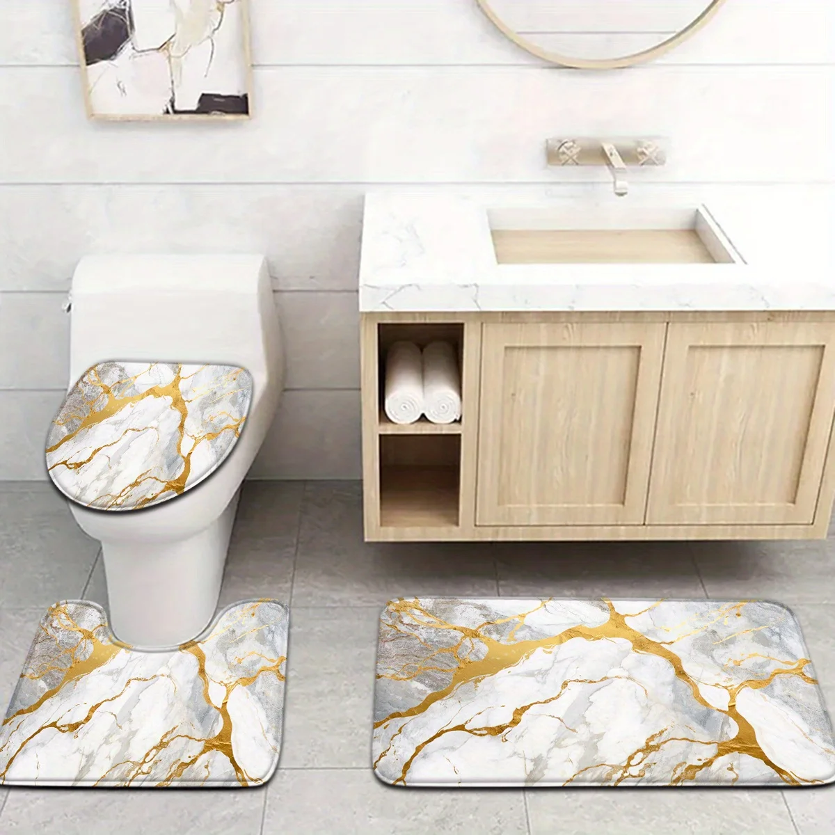 Luxury Gold Vein Marble Bathroom Set - Soft & Non-slip Contour Mat, Toilet Cover, and Bathtub Mat for Elegant Home Decor 3