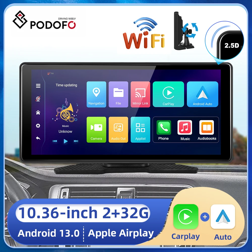 

Автомобильный монитор Podofo, 10,36 дюйма, Android 13, 2 + 32 ГБ, Wi-Fi, GPS
