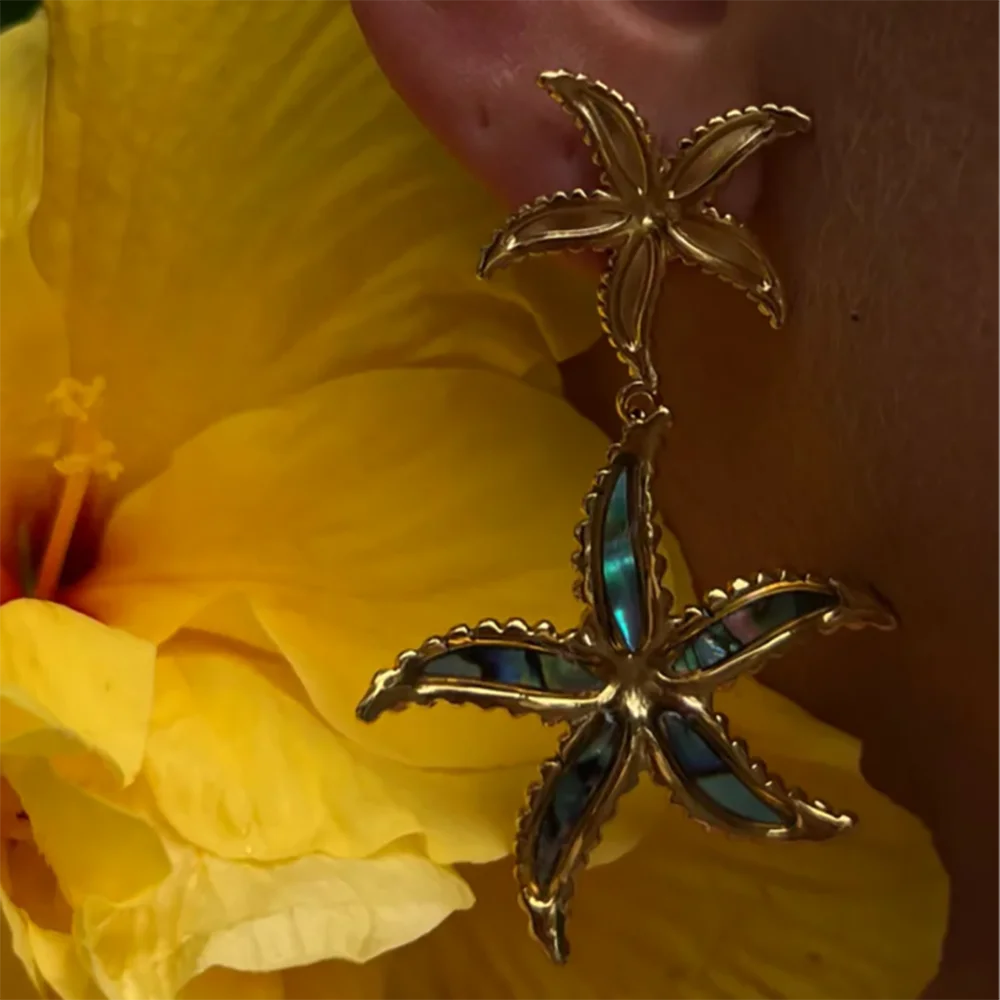 Double Starfish Dangle Earrings Abalone 18K Gold Plated Ocean-Inspired Beach Wedding Earring Femal Trend Jewelry Gift for Her