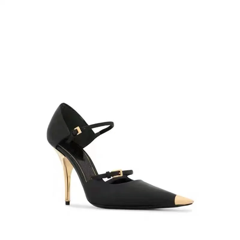 

2023 Autumn/Winter New European and American Fashion Silk Button Metal Thin High Heel Pointed Women's Single Shoe