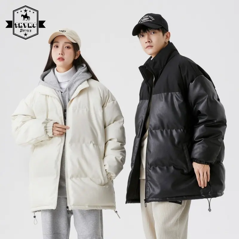 Vintage Pu Leather Parka Men Winter Down Coat Addensare Warm Harajuku Causal Couple Puffer Jackets Coreano Oversize Donna Cappotti