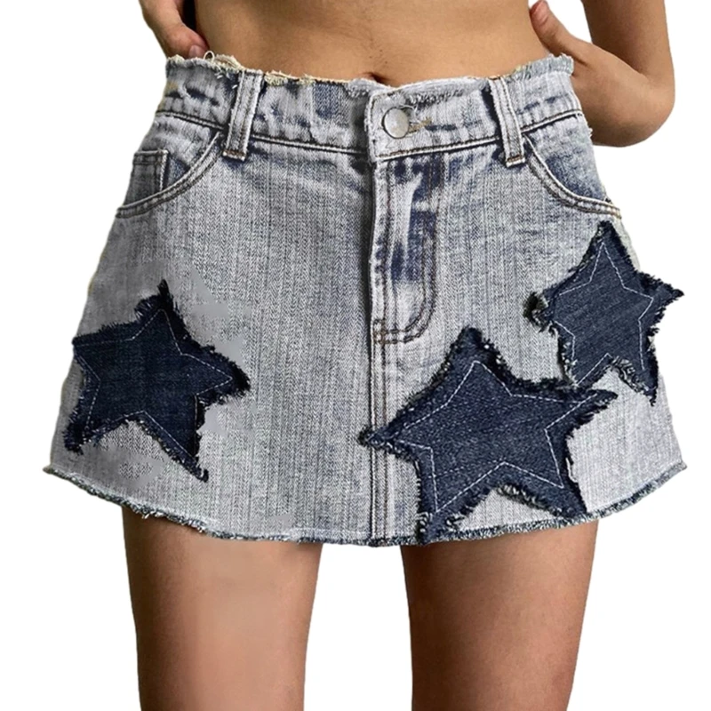 

N7YD Womens Contrast Color Denims Patchwork Skirts Star Pattern Pockets Low Waist A-Lined Bottom Wearing for Summer Student