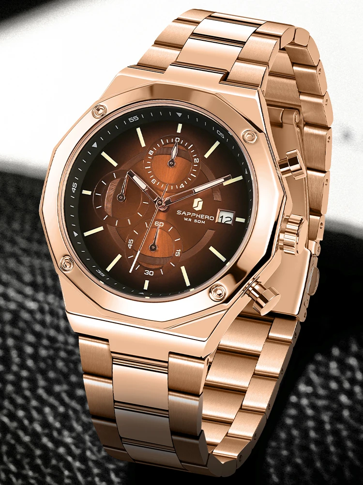 SAPPHERO Rose gold Watch Mens Watch Luxury Stainless Steel Quartz Watch Business Waterproof Luminous Calendar Wristwatch
