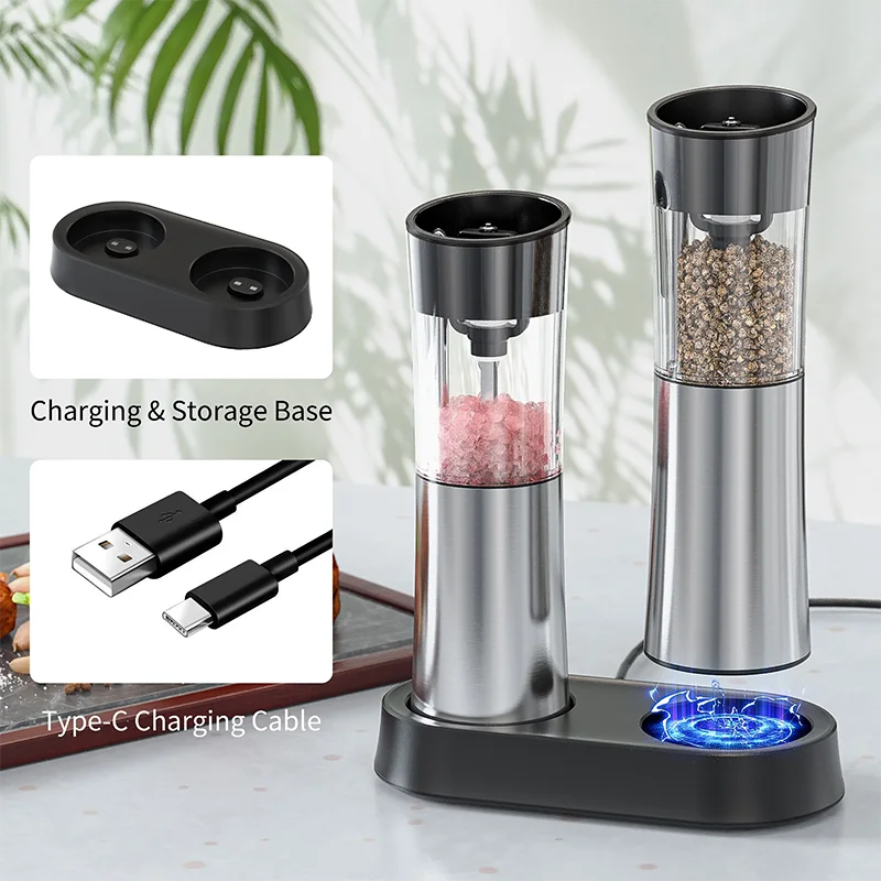 USB Rechargeable Electric Salt and Pepper Grinder Stainless Steel Pepper Grinder Type-C Charging Mills With Storage Base electric grinder salt and pepper grinder pepper grinder